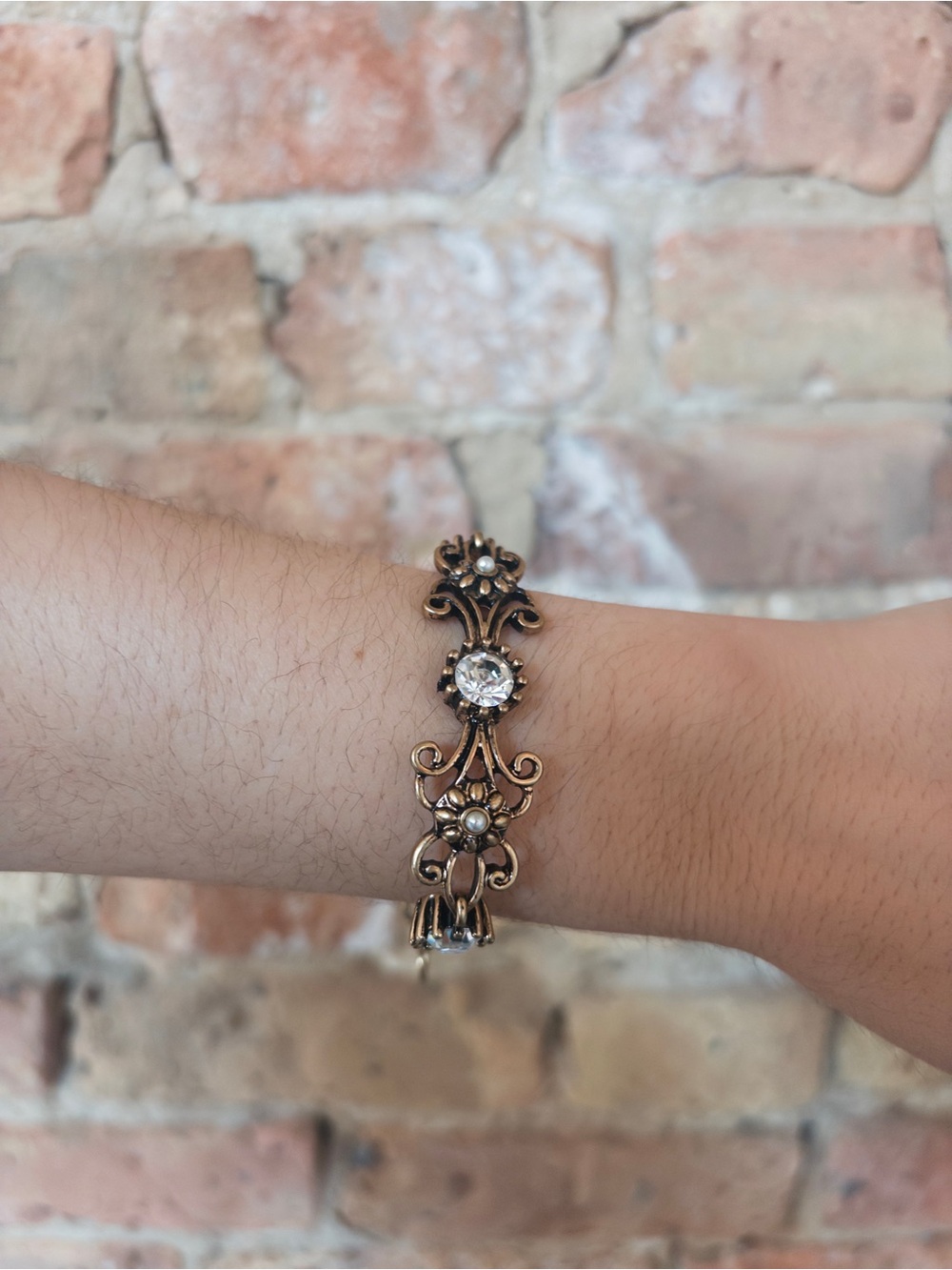 Vintage Floral Crystal Bracelet in Antique Gold